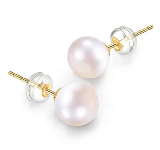 Esberry - Orecchini a perno con perle bianche coltivate a mano AAAA+ in oro 14 K, per donn...