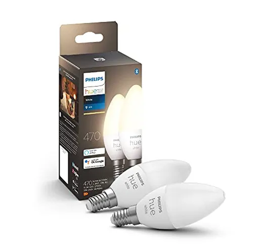 Philips Hue White 2 Lampadine LED Smart, con Bluetooth, Attacco E14, 4.5 W, Dimmerabile, L...