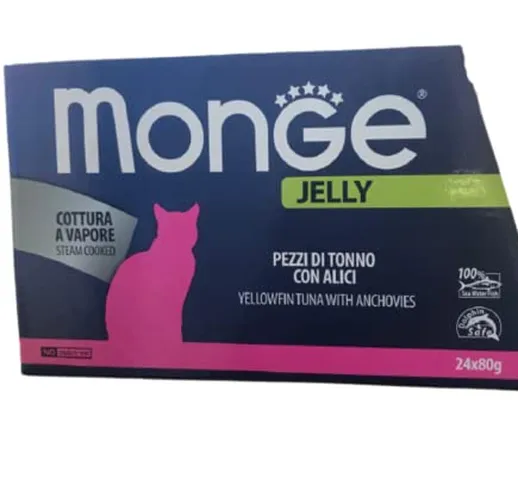 Monge Jelly natural superpremium quality Pezzi di tonno con alici per Gatti, cottura a vap...