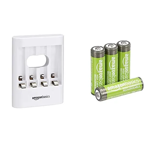 Amazon Basics Batterie Aa Ricaricabili, Ad Alta Capacità, Pre-Caricate, Confezione Da 4 (L...