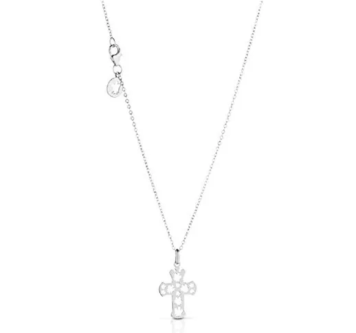 Collana in oro bianco con pendente Croce traforata con Angeli. Oro 9KT Lunghezza catena 42...