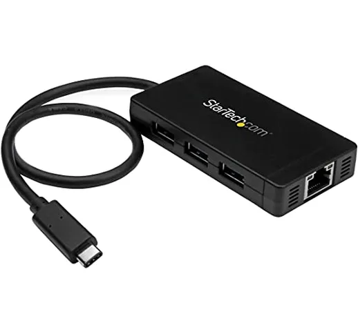 Startech.Com Hub USB 3.0 a 3 Porte con USB-C e Ethernet Gigabit, Include Adatattore di Ali...