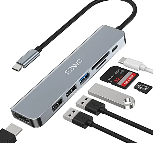 JESWO Hub USB C 7 in 1-HDMI 4K, USB 3.0 & 2.0, Lettore di Schede SD/TF, Ricarica PD 100W,...