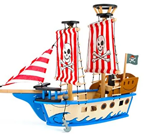 small foot 10469 Nave pirata "Jack" di legno, in colori vivaci, con bandiera pirata, vele...