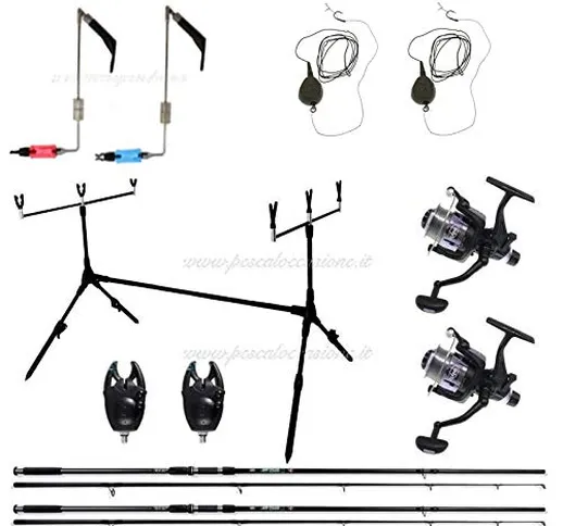 kolpo Kit Carpfishing Completo 2 Canne 2 Mulinelli 2 Segnalatori Acustici 2 Segnalatori Vi...