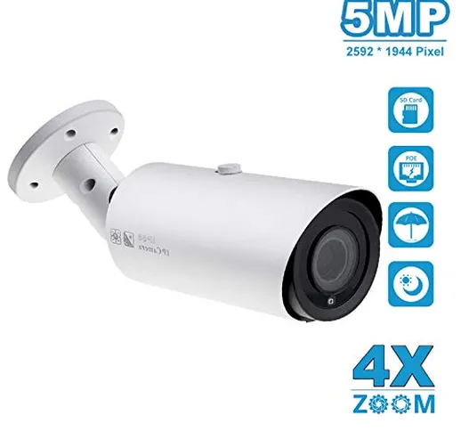 Telecamera IP PoE 5MP Zoom ottico 4x, Telecamera di sicurezza IP Visione notturna IR 35M R...