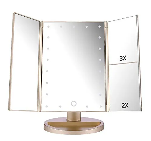 deweisn Specchio Trucco con Luci 21 LEDs, Specchio di Vanity Trifold Ruota di 180° Ingrand...