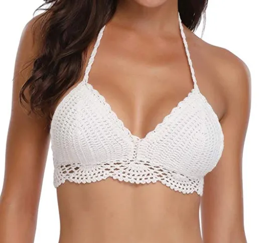 iHAZA Donne Bianco Floreale Lace-up Halter Maglia Bikini Spiaggia Costumi da Bagno Top