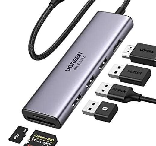 UGREEN Hub USB C 6 In 1, 4K @60 Hz con HDMI, Lettore di Schede SD/TF, 3 Porte USB 3.0, Com...