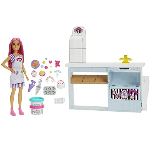 Barbie-PlaySet Pasticceria con Bambola dai Capelli Rosa, 2 Barattolini di Pasta Modellabil...