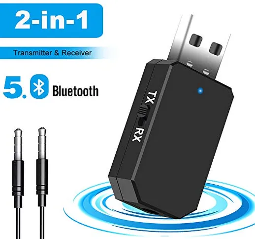 TouchSKY Adattatore Bluetooth USB,2 in 1 Trasmettitore Ricevitore V5.0 con 3.5mm AUX Wirel...