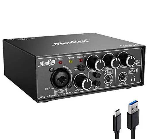 Moukey Interfaccia Audio 24 bit Scheda Audio USB-C 3.0 con Alimentazione Phantom 48V e 2 i...