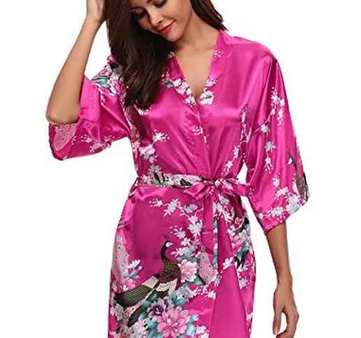 Aibrou Donna Vestaglie Scollo a V Kimono Corto da Notte in Raso con Cintura, Pavone Esotic...