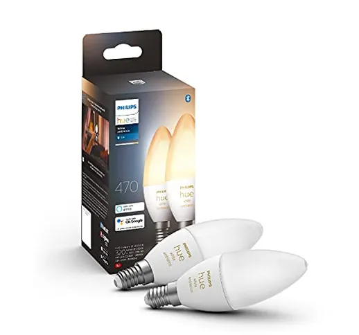 Philips Hue White Ambiance 2 Lampadine LED Smart, con Bluetooth, Attacco E14, 5 W, Dimmera...