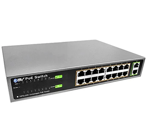 BV-Tech - Switch Poe/Poe+ a 18 Porte (16 Porte Poe+ | 2 Uplink Gigabit Ethernet) - Montagg...