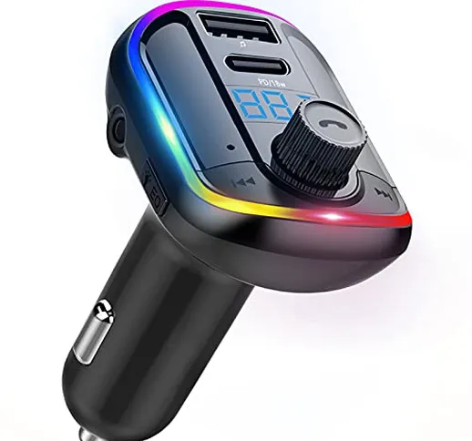 Trasmettitore FM Bluetooth 5.0 per Auto con 10 Colori Controluce, Bluetooth Auto con Bassi...