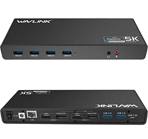 Wavlink USB 3.0 / USB C Ultra 5K Docking Station universale supporta due uscite video 4K p...