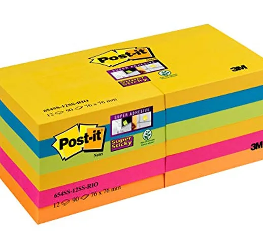 Post-it Super Sticky Foglietti Adesivi Quadrati, Set di 12 Blocchetti Adesivi Colorati da...