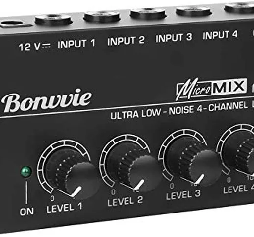 Mixer di Linea MX400, Bonvvie Mixer Audio Monoaurale Ultracompatto a Basso Rumore a 4 Cana...