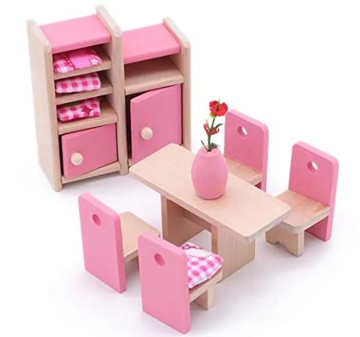 POFET Bambini Sala da Pranzo in Legno Casa delle Bambole Mobili in Miniatura Tavolo da Pra...