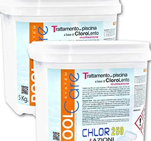 POOL CARE CHLOR 250 4 Azioni 10 kg.Cloro per Piscina in pastiglie da 250gr.(tricloro 90/25...