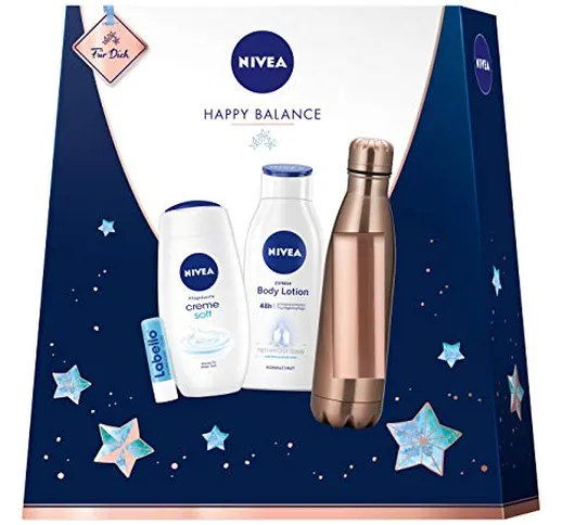 NIVEA Happy Balance, set regalo con borraccia, lozione per il corpo, doccia e Labello, pic...