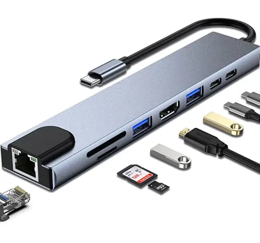 Hub USB C Ethernet 8 in 1, HDMI 4K SD/TF USB 3.0 USB C Hub Spazio Alluminio Adattatore, Ad...