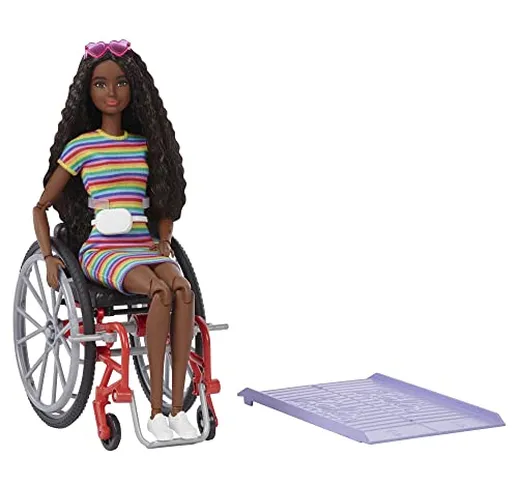 Barbie Fashionistas Bambola Afroamericana con Sedia a Rotelle e Vestiti alla Moda, Giocatt...