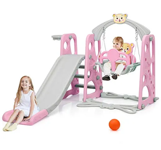 Goplus 3 in 1 Scivolo per Bambini con Altalena e Canestro da Basket, Set di Scivolo per Ba...