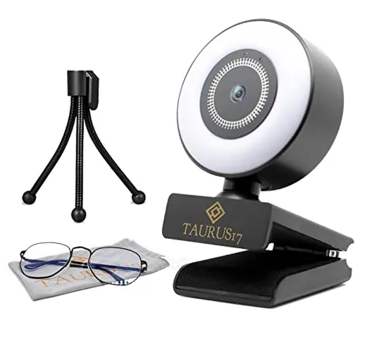 TAURUS17 - Webcam PC con Microfono stereo, Auto Focus, 2K HD con Luce ad Anello e Treppied...