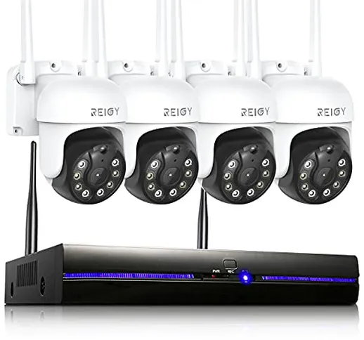 REIGY Kit Videosorveglianza Wi-Fi Esterno con 4*PT Videocamere IP , 3MP H.265 Sistema di T...