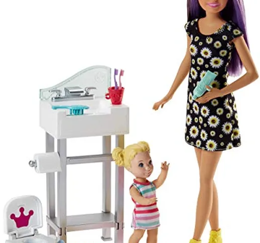 Barbie Babysitters Playset con Bebè, Lavandino e Vasino con Bambola Skipper e Accessori, M...