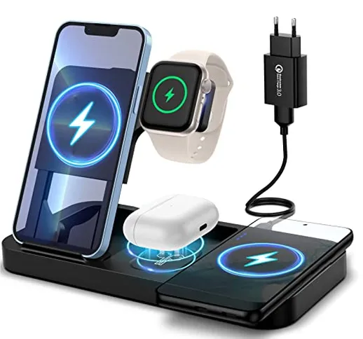 seacosmo Caricabatterie Wireless 4 in 1, Retrattile Pieghevole Stazione di Ricarica Wirele...