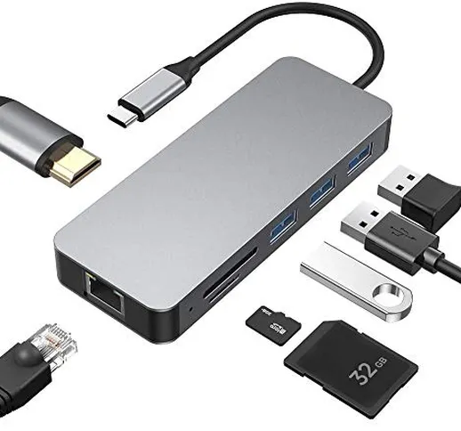 HUB USB C, Adattatore Hub Tipo C 7 in 1 con HDMI 4K a 30 Hz, RJ45 Gigabit Ethernet, 3 USB...