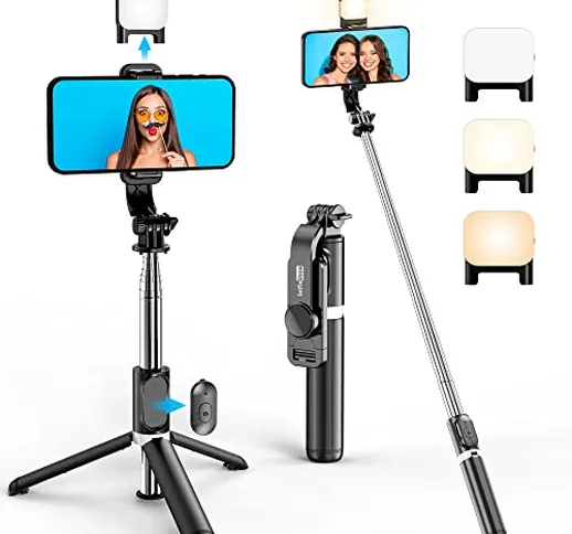 Bastone Selfie Treppiede con Luce di Riempimento, Selfie Stick Estensibile da 106cm e Trep...