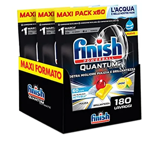 Finish, 180 Pastiglie Per Lavastoviglie, Quantum Ultimate, Tecnologia Activblu, 3 Confezio...