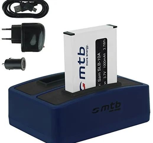 Batteria + Caricabatteria doppio (USB/Auto/Corrente) per Samsung SLB-10A / Toshiba Camileo...