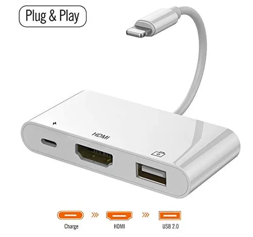 Adattatore Phone a HDMI, Adattatore AV Digitale 1080P 3 in 1 HDMI+ USB + Ricarica Compatib...