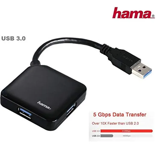 Hama HUB USB 3.0 con Cavo, 4 Porte, Nero
