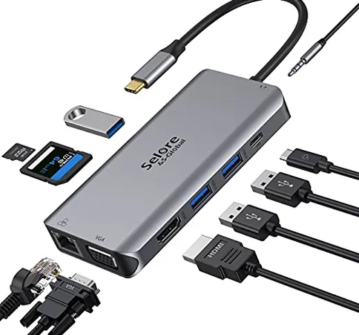 USB C Hub, Adattatore USB C con HDMI 4K, VGA, RJ45 Ethernet, USB 3.0, USB Tipo C, PD 100W,...
