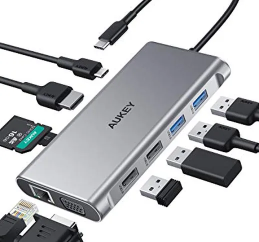 AUKEY USB C Hub 10 in 1 Tipo C con Ethernet, HDMI 4K, VGA, 2 USB 3.0, USB 2.0, 100 W PD, p...