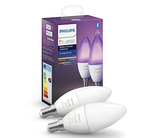 Philips Hue White and Color Ambiance 2 Lampadine Smart Attacco E14, 5.3W, con Bluetooth, d...