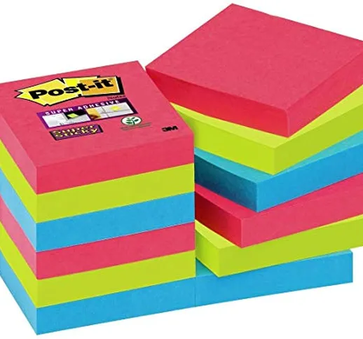 Post-it 81450 Foglietti Super Sticky, 90 Fogli, Confezione da 12 Blocchetti, Multicolore (...