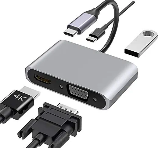 USB C A HDMI VGA, USB Hub C con 4K HDMI, 1080P VGA, USB 3.0, USB C PD Ricarica, 2 Schermi...