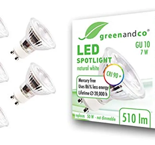 5x Spot a LED greenandco® IRC 90+ 4000K 36° GU10 7W (equivalente spot alogeni 60W) 510lm (...