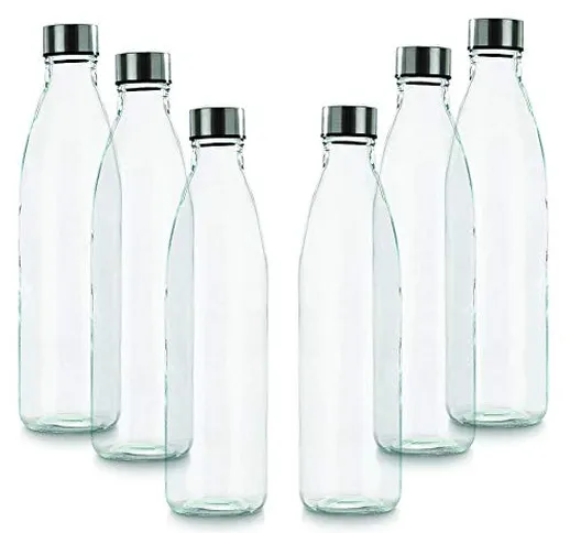BrandPrint, Set di 6 Bottiglie in Vetro per Acqua Modello Ermes 1 Litro con Tappo a Vite i...