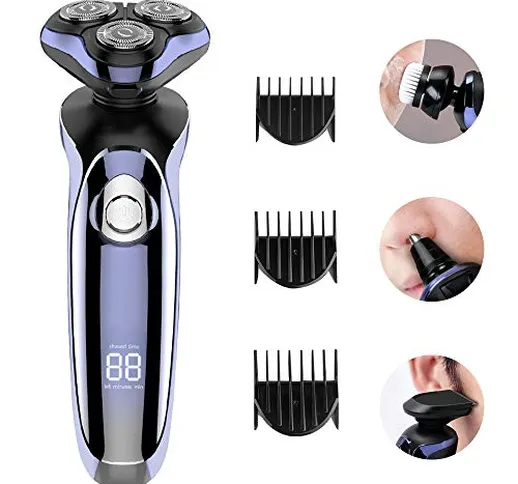 Rasoio a Testine Rotanti Elettrico Wet & Dry 5-in-1, 4 Testine Intercambiabili, Rifinitore...