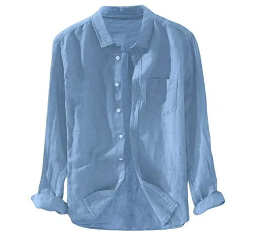Camicia Uomo Manica Lunga Cotone Lino Casual Vintage Maglietta T Shirt Estivi Elegante Pal...
