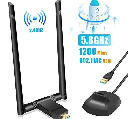 TouchSKY Adattatore Antenna WiFi USB 3.0 1200Mpbs Chiavetta WiFi con 2 Antenna 5dBi Dual B...