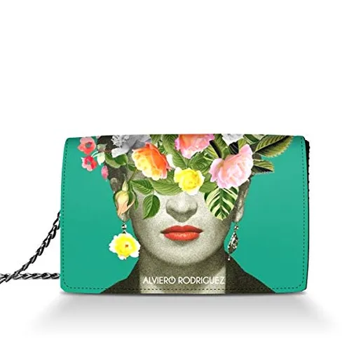 Alviero Rodriguez Borsa Donna Frida Verde Green Arte Flowers in Vera Pelle (Catena Argento...